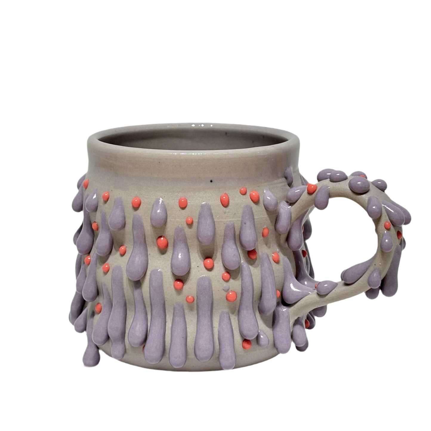 Lavender mug with lavender and salmon glaze gloops