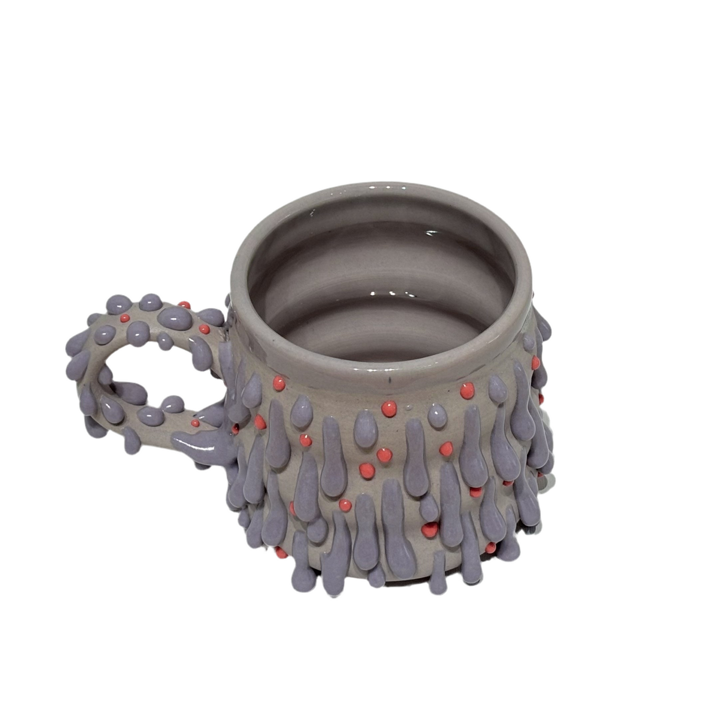 Lavender mug with lavender and salmon glaze gloops