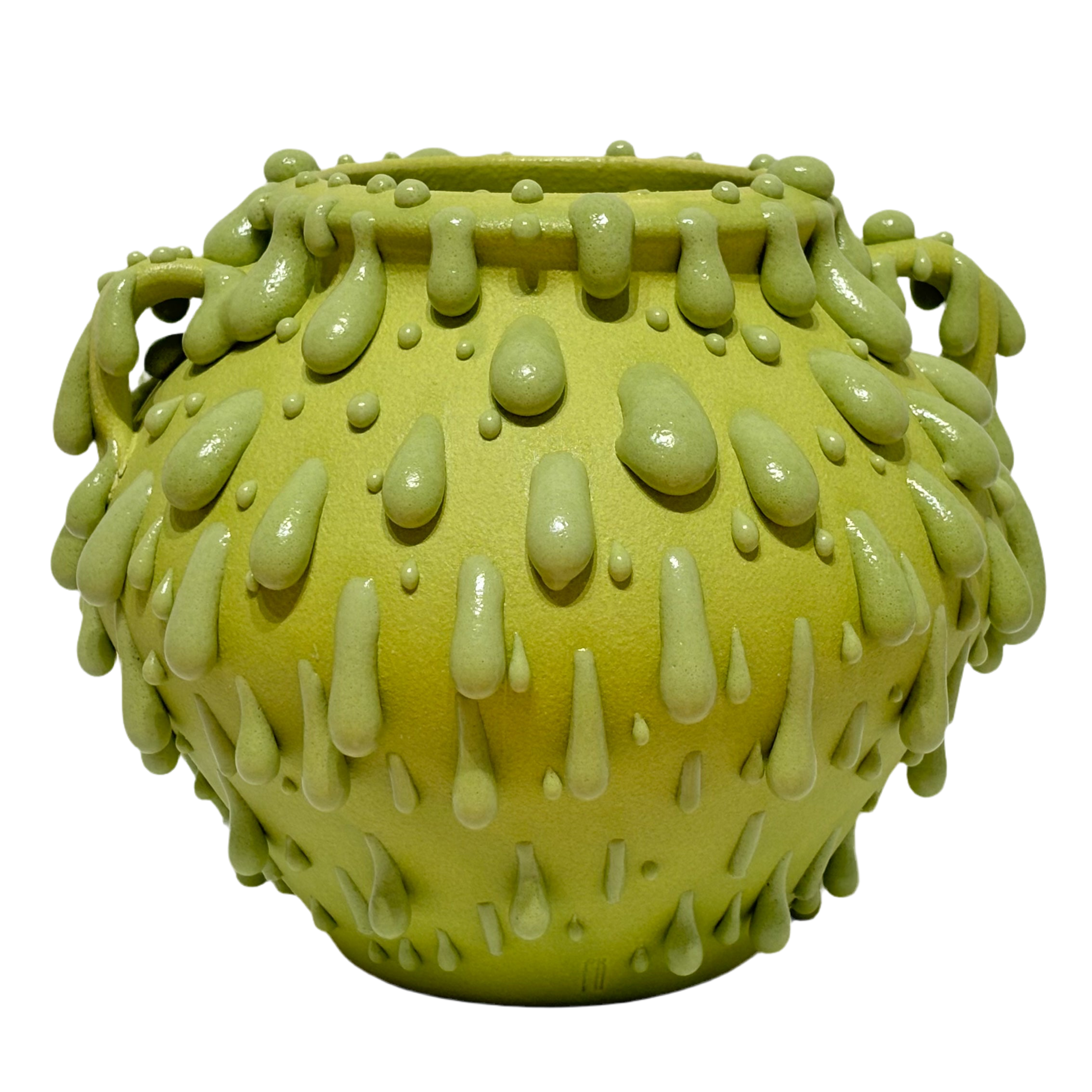 Citrine green handled vase with citrine green glaze gloops