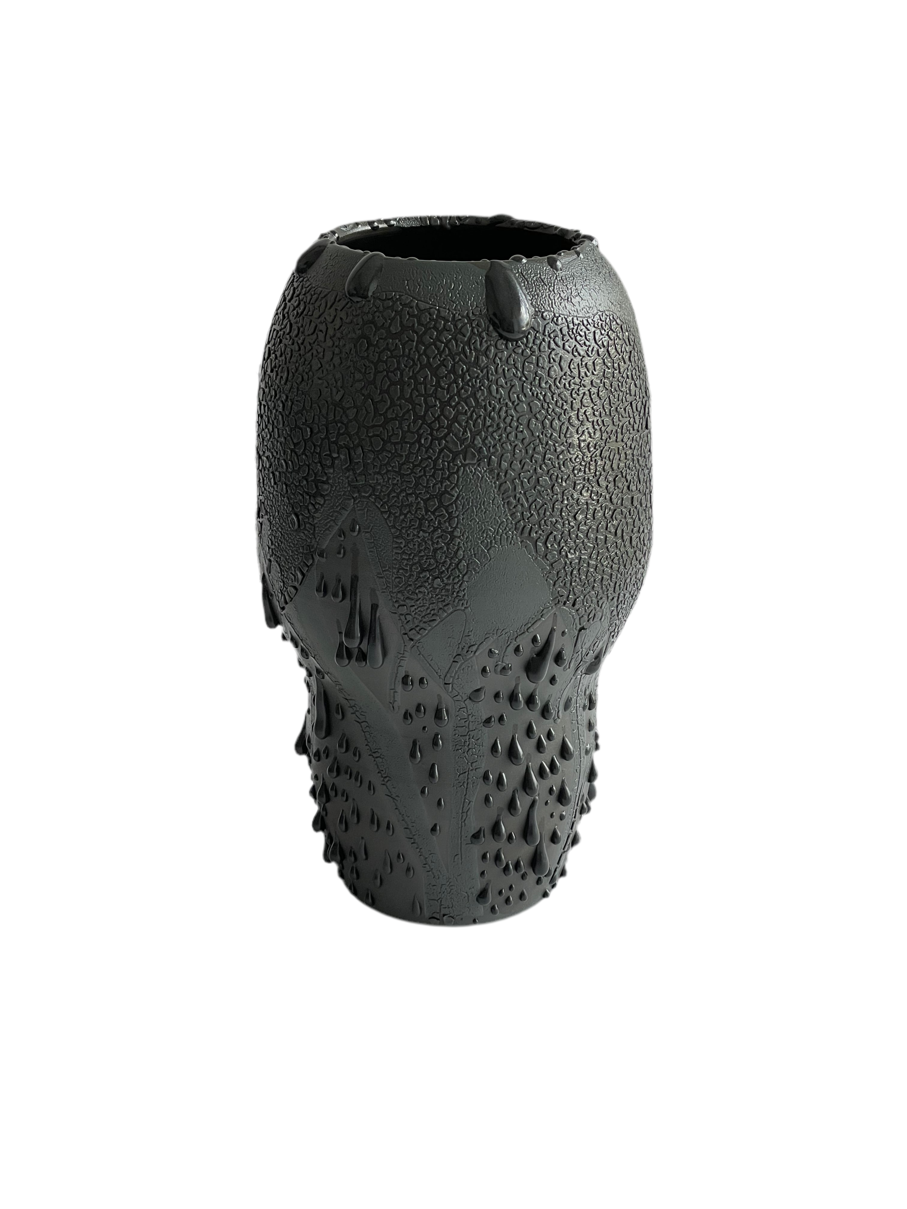 Black vase with black crawl and gloop glazes