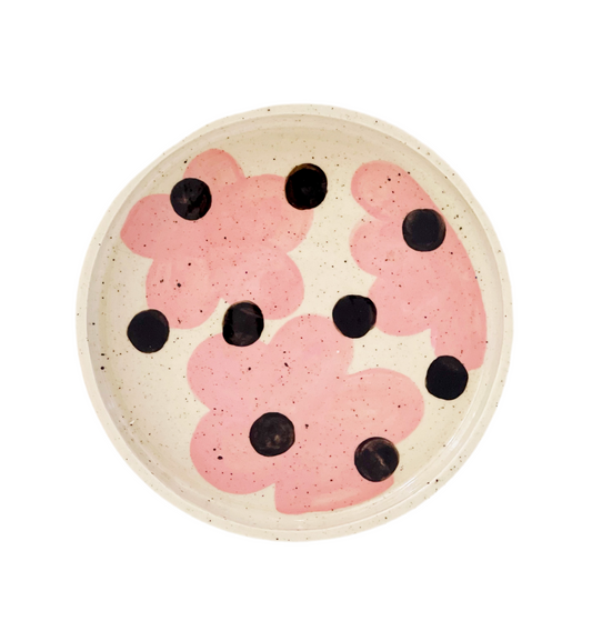 Black Dots over Flowers Hand-painted and Handmade Ceramics Plate